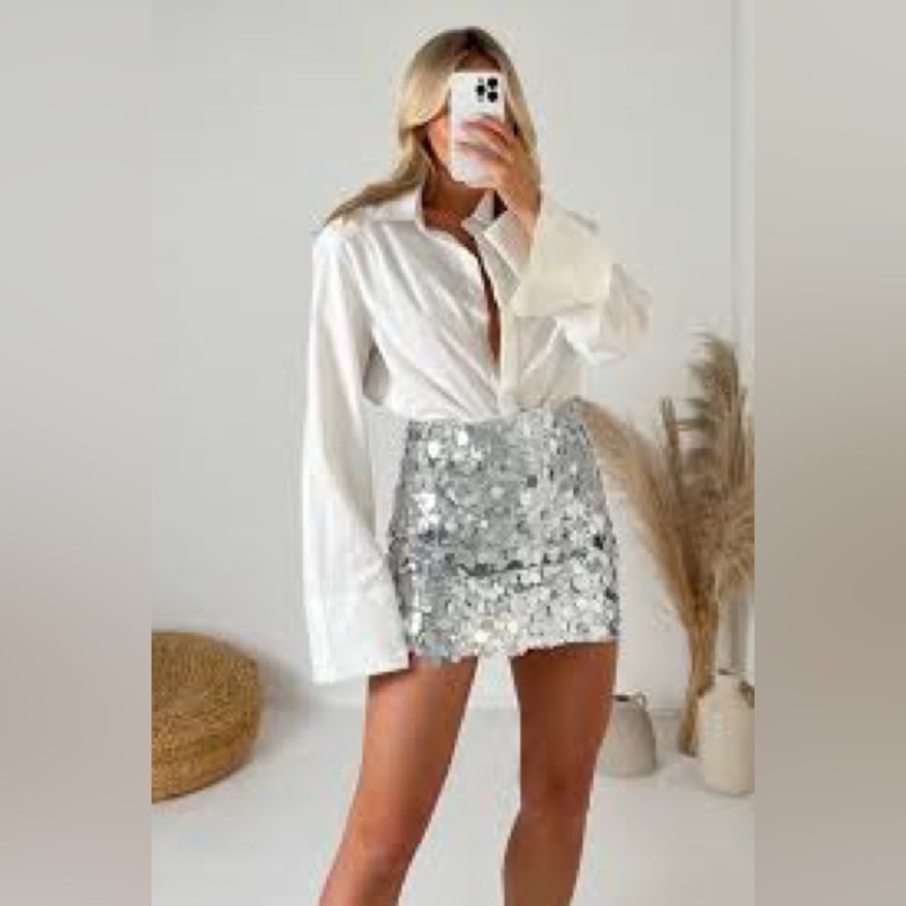 NWT Silver Sequin Stretch Skirt, Rhinestone Cowboy, Disco, Metallic - Picture 4 of 15